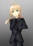  ahoge artoria_pendragon_(all) black_gloves blonde_hair fate/zero fate_(series) formal gloves green_eyes highres long_hair necktie pant_suit ponytail saber solo suit wain2 