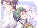  1girl black_eyes black_hair blush brown_eyes couple green_hair hetero idolmaster idolmaster_(classic) mole mole_under_mouth natsu_(anta_tte_hitoha) otonashi_kotori producer_(idolmaster_anime) ribbon short_hair translated 