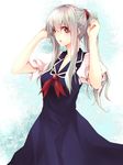  alternate_hairstyle arms_up blue_dress dress hair_tie kamishirasawa_keine long_hair looking_at_viewer open_mouth ponytail puffy_sleeves red_eyes silver_hair simple_background solo tied_hair touhou yutazou 