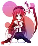  blush english hat l_no_kisetsu long_hair mainami_yuuki red_eyes red_hair scythe sitting solo very_long_hair wariza yuzuki_(rurirara) 