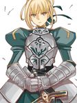  ahoge armor armored_dress artoria_pendragon_(all) blonde_hair blue_eyes dress excalibur fate/stay_night fate_(series) faulds gauntlets green_eyes hair_ribbon juliet_sleeves long_sleeves md5_mismatch puffy_sleeves ribbon saber solo sword tegaki warai weapon 
