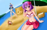  basket bikini blindfold blue_hair blush bow hair_ornament hakurei_reimu hinanawi_tenshi horn_ribbon horns ibuki_suika ichimi long_hair multiple_girls nagae_iku navel no_hat no_headwear open_mouth orange_hair pun purple_hair red_eyes red_sarong ribbon sarong short_hair side-tie_bikini sleeping smile suikawari swimsuit touhou umbrella yukkuri_shiteitte_ne 