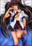  blush breasts brown_hair checkered checkered_skirt hair_ribbon hat himekaidou_hatate large_breasts long_hair lying necktie no_bra on_back on_bed open_clothes open_mouth open_shirt pillow red_eyes ribbon shirt skirt solo tokin_hat touhou traditional_media twintails yadokari_genpachirou 