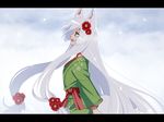  animal_ears flower fox_ears fox_tail green_kimono hair_flower hair_ornament japanese_clothes kimono konshin long_hair original pixiv_kitsune_koku shirahi_(konshin) solo tail very_long_hair white_hair yellow_eyes yukata 