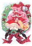  animal_ears bag bell boots bow cat_ears cat_tail christmas cross-laced_footwear dated fur_trim hair_bow hat holly lace-up_boots long_hair mittens original paw_print pinecone pink_eyes pink_hair reindeer sanmi_tenten santa_costume signature snowflakes solo star tail very_long_hair white_legwear wreath 