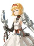  aokura armor armored_dress asymmetrical_clothes bad_id bad_pixiv_id black_gloves blonde_hair blue_eyes dress elbow_gloves gloves hairband iron_cross original red_hairband serious short_hair solo sword weapon white_background white_dress 