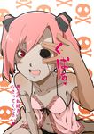 1girl @_@ bags_under_eyes black_panties blush highres lingerie maru_(314) open_mouth original panties pigtails pink_hair red_eyes scar short_twintails skull stitches translation_request twintails underwear zombie 