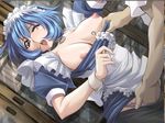  1girl apron blue_hair breasts choker fingering game_cg indoors maid maid_apron panties the_dragons_death_and_rebirth underwear wink 