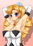  aq_interactive arcana_heart arcana_heart_2 armpits arms_up atlus blue_eyes blush breasts cleavage drill_hair earrings examu jewelry necklace petra_johanna_lagerkvist solo sweat 