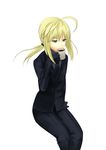  ahoge artoria_pendragon_(all) black_gloves blonde_hair coffee cup drinking fate/zero fate_(series) formal gloves green_eyes highres long_hair mug necktie pant_suit ponytail saber solo suit wain2 