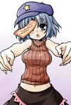  akou_roushi alternate_costume bare_shoulders beret blue_eyes blue_hair blush breasts covered_nipples hat large_breasts miyako_yoshika navel ofuda open_mouth outstretched_arms ribbed_sweater short_hair skirt sleeveless solo star sweater touhou zombie_pose 