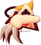  blazblue cat_ears claws david_nathan_dawkins female hood plain_background red_background red_eyes red_theme smile solo tail taokaka teeth 