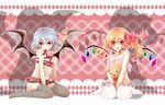  bad_id bad_pixiv_id bare_shoulders bat_wings black_legwear blonde_hair blue_hair collarbone covered_nipples flandre_scarlet flat_chest hair_ribbon highres kurosawa_itsuki mouth_hold multiple_girls naked_ribbon no_hat no_headwear open_mouth red_eyes remilia_scarlet ribbon siblings simple_background sisters sitting stuffed_toy thighhighs touhou wariza white_legwear wings 