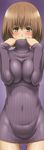  aoki_yuriko awa bakuman blush bob_cut bottomless breasts brown_hair covered_navel gradient gradient_background highres impossible_clothes large_breasts looking_at_viewer mole naked_sweater no_pants purple purple_background ribbed_sweater simple_background solo sweater tight turtleneck yellow_eyes 