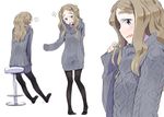  ? blue_eyes brown_hair chibikko_(morihito) dress eighth_note eyebrows long_hair morihito multiple_views musical_note original pantyhose simple_background sleeves_past_wrists smile speech_bubble spoken_musical_note spoken_question_mark sweater sweater_dress thick_eyebrows white_background 