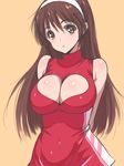  arms_behind_back breasts brown_eyes brown_hair cleavage cleavage_cutout dress future_gpx_cyber_formula hairband heart heart_cutout highres large_breasts long_hair poin short_dress solo sugou_asuka 