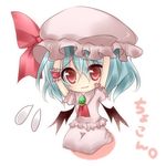  ascot bad_id bad_pixiv_id bat_wings blue_hair chibi flying_sweatdrops hands_on_headwear hat jewelry lowres pendant red_eyes remilia_scarlet ribbon shiinayuuki short_hair skirt solo touhou wavy_mouth wings wrist_cuffs 