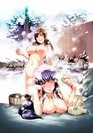  :d alcohol black_hair blush_stickers breasts brown_hair distance highres large_breasts long_hair multiple_girls navel nipples nude one_eye_closed onsen open_mouth original rock sake smile snow snowing tree wet 