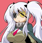  breasts cape covered_eyes double_eyepatch eyepatch haganemaru_kennosuke large_breasts senran_kagura senran_kagura_shoujo-tachi_no_shin'ei silver_hair solo twintails yagyuu_(senran_kagura) 