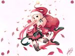  :d bag bare_shoulders black_legwear boots christmas detached_sleeves dress easy_(easycrew) garter_straps hat high_heels lee_byung_hee looking_back lucia_(pangya) open_mouth pangya petals pink_eyes pink_hair santa_costume santa_hat shoes smile solo thighhighs 