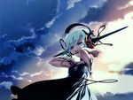  absurdres aqua_eyes aqua_hair choco cloud cloudy_sky dress headphones highres listening_to_music original sky solo sundress twilight 