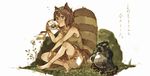  animal_ears bare_legs barefoot bloomers bottle brown_eyes brown_hair cosmic_(crownclowncosmic) drinking futatsuiwa_mamizou glasses leaf leaf_on_head raccoon_ears raccoon_tail sake_bottle shirt short_hair sitting sketch skirt sleeveless sleeveless_shirt solo tail tanuki touhou translated underwear 