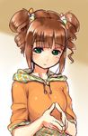  aouma bad_id bad_pixiv_id blush brown_hair drill_hair face fidgeting green_eyes highres hood hoodie idolmaster idolmaster_(classic) light_smile short_hair sleeves_pushed_up solo steepled_fingers takatsuki_yayoi twin_drills twintails upper_body 