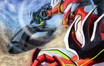  bad_id bad_pixiv_id battle black_getter cape epic getter_robo glowing glowing_eyes highres mecha no_humans ryou-k shin_getter-1 shin_getter_robo super_robot weapon 