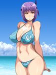  ayane_(doa) bare_shoulders bikini breasts bunny cleavage covered_nipples curvy dead_or_alive enoshima_iki groin headband highres large_breasts navel purple_hair shiny shiny_skin short_hair solo swimsuit water 