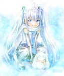  ahoge blue blue_eyes blue_hair boots detached_sleeves hatsune_miku light_smile long_hair mayo_riyo necktie pleated_skirt scarf skirt sleeves_past_wrists snow snowing snowman solo squatting thighhighs twintails v_arms very_long_hair vocaloid white_hair yuki_miku 