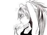  adjusting_hair alternate_costume armpits arms_up casual comic die_(die0118) greyscale hands long_hair mahou_shoujo_madoka_magica monochrome profile ribbon sakura_kyouko silent_comic simple_background solo tying_hair upper_body 