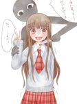  blood brown_eyes brown_hair dreamrabbit from_behind guro hair_ornament hairclip holding knife long_hair looking_at_viewer necktie open_mouth scared school_uniform simple_background skirt tears translation_request v weapon yuyuzuki_(yume_usagi) 