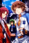  argent-ag brown_eyes brown_hair choker coat eiyuu_densetsu fingerless_gloves gloves green_eyes green_hair lloyd_bannings male_focus multiple_boys night randy_orlando red_hair scarf sky smile wazy_hemisphere yellow_eyes zero_no_kiseki 