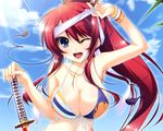  appare!_tenka_gomen bikini cleavage katagiri_hinata ponytail red_hair swimsuit sword tokugawa_yoshine weapon wink 