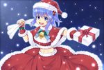  alternate_costume bell blue_eyes blue_hair bow box breasts cleavage fingerless_gloves gift gift_box gloves hair_bobbles hair_ornament hat holding holding_gift kawashiro_nitori key long_hair medium_breasts midriff navel open_mouth outstretched_arms saemon_(tonpura) santa_costume santa_hat short_hair smile snow snowing solo touhou two_side_up 