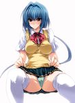  bad_id bad_pixiv_id blue_hair blush breasts cardigan chouun clitoris erect_clitoris green_panties hair_intakes highres koihime_musou large_breasts long_hair panties red_eyes school_uniform shinano_yura shy skirt skirt_lift solo spread_legs thighhighs underwear white_background white_legwear 