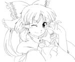  ascot bad_id bad_pixiv_id bow face greyscale hair_bow hair_tubes hakurei_reimu hands ikuya_koimori looking_at_viewer monochrome one_eye_closed pointing pointing_at_self ponytail short_hair smile solo touhou 