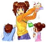  2girls aouma bad_id bad_pixiv_id birthday_cake brown_hair cake child double_bun face food green_eyes holding_up idolmaster idolmaster_(classic) lowres multiple_girls siblings takatsuki_kasumi takatsuki_kouji takatsuki_yayoi 