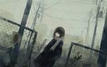  bad_id bad_pixiv_id black_eyes black_hair building cable chain-link_fence coat dutch_angle expressionless fence fog hands_in_pockets hanno house long_hair looking_away muted_color original plant power_lines scarf sign solo telephone_pole transformer vines warning_sign 