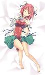  bandages bare_legs barefoot breasts bun_cover chain chinese_clothes cuffs double_bun feet flower ibaraki_kasen lying medium_breasts minagi on_back one_eye_closed pink_eyes pink_hair rose short_hair solo touhou 