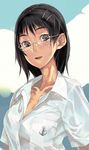  black_hair breasts cleavage collarbone copyright_request glasses hair_ornament hairclip medium_breasts no_bra open_mouth ringed_eyes solo teeth zaimoku_okiba 