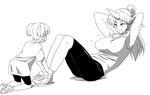  all_fours alternate_hairstyle armpits arms_behind_head bad_id bad_pixiv_id bike_shorts breasts child exercise greyscale hands_on_feet horn hoshiguma_yuugi ikuya_koimori kisume large_breasts monochrome multiple_girls open_mouth ponytail shirt shoes sit-up smile sneakers sweat t-shirt tank_top touhou twintails 