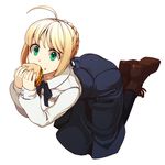  ahoge artoria_pendragon_(all) bad_id bad_pixiv_id black_legwear blonde_hair boots braid dress eating fate/stay_night fate_(series) food from_above full_body green_eyes hair_bun hair_ribbon kneeling long_hair looking_up pantyhose ribbon saber sandwich simple_background skirt solo zakki 