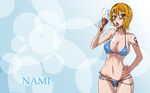  1girl bikini breasts brown_eyes cleavage earrings food hand_on_hip highres hips ice_cream jewelry nami nami_(one_piece) navel one_piece open_mouth orange_hair sexually_suggestive short_hair solo swimsuit tattoo tongue 