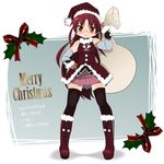  adapted_costume bag bare_shoulders blush boots bow christmas detached_sleeves full_body hand_on_hip hat highres kuro_chairo_no_neko long_hair mahou_shoujo_madoka_magica merry_christmas no_nose orange_eyes pleated_skirt red_hair sack sakura_kyouko santa_boots santa_costume santa_hat simple_background skirt solo standing text_focus thighhighs translated very_long_hair zettai_ryouiki 