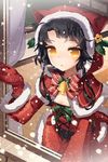 bell black_hair blush bow christmas dress flat_chest gloves lowres open_mouth outstretched_arm red_gloves santa_costume sita_vilosa snow solo ssol sword_girls yellow_eyes 