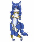  3_toes anthro black_nose blue_fur blue_hair blush canine clothing female fox fur hair inner_ear_fluff invalid_tag krystal mammal navel nintendo open_mouth oumseven solo star_fox toes video_games wardrobe_malfunction white_fur 