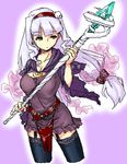  aouma bad_id bad_pixiv_id cowboy_shot cropped_legs garter_straps idolmaster idolmaster_(classic) long_hair low-tied_long_hair lowres purple_background purple_eyes purple_hair shijou_takane solo staff thighhighs 