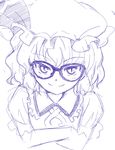  bad_id bad_pixiv_id bespectacled crossed_arms face glasses hat ikuya_koimori looking_at_viewer monochrome remilia_scarlet short_hair sketch slit_pupils smile solo touhou tsurime upper_body 