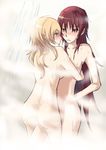  alternate_hairstyle bad_id bad_pixiv_id bathroom blonde_hair blush die_(die0118) eye_contact hair_down hug looking_at_another mahou_shoujo_madoka_magica multiple_girls nude red_eyes red_hair sakura_kyouko showering steam tomoe_mami wet yellow_eyes yuri 